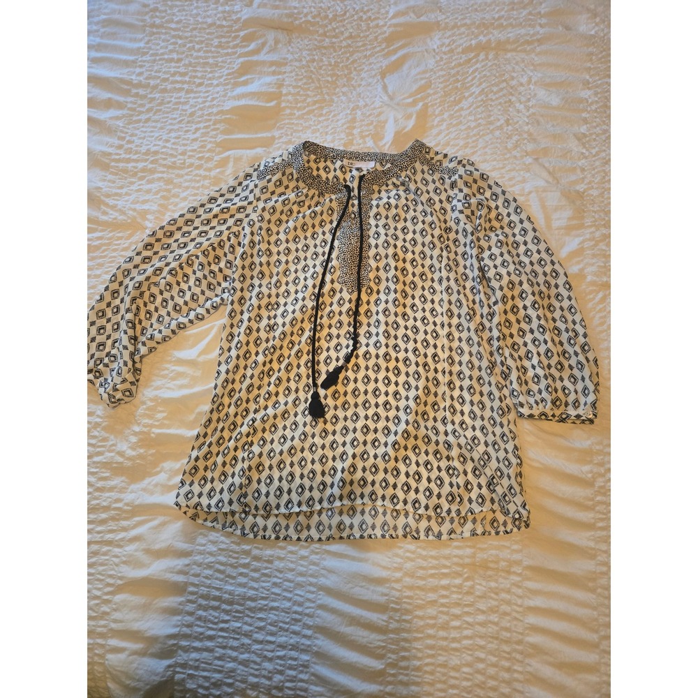 DR2 by Daniel Rainn Black White Geometric‎ Diamond Print Tassel Peasant Blouse M